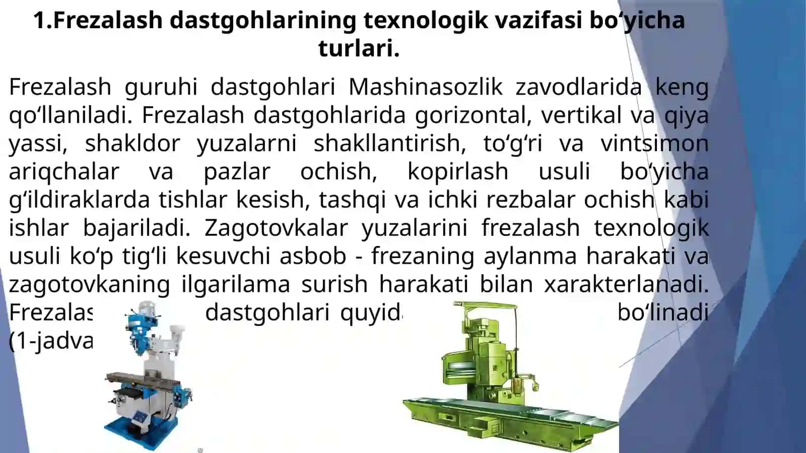Frezalash dastgohlari struktursi va kinematikasi haqida slayd 2