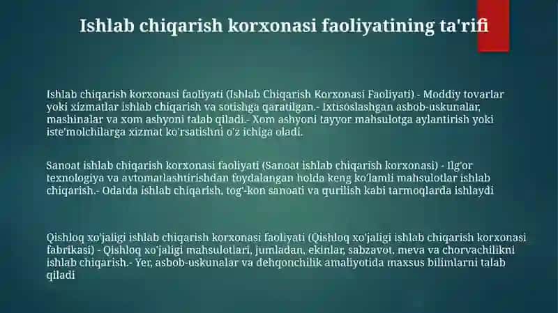 Ishlab Chiqarish Korxonasi Faoliyati 2