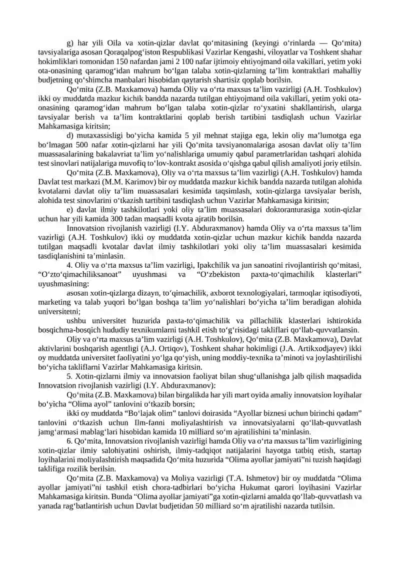 OILA VA XOTIN-QIZLARNI TIZIMLI QO‘LLAB-QUVVATLASHGA DOIR ISHLARNI YANADA JADALLASHTIRISH CHORA-TADBIRLARI TO‘G‘RISIDA 2