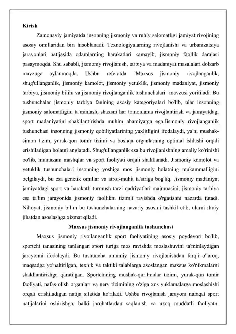 Maxsus jismoniy rivojlanganlik, shug'ullanganlik, jismoniy kamolot, jismoniy yetuklik, jismoniy madaniyat, jismoniy tarbiya, jismoniy bilim, jismoniy rivojlanganlik tushunchalari 2