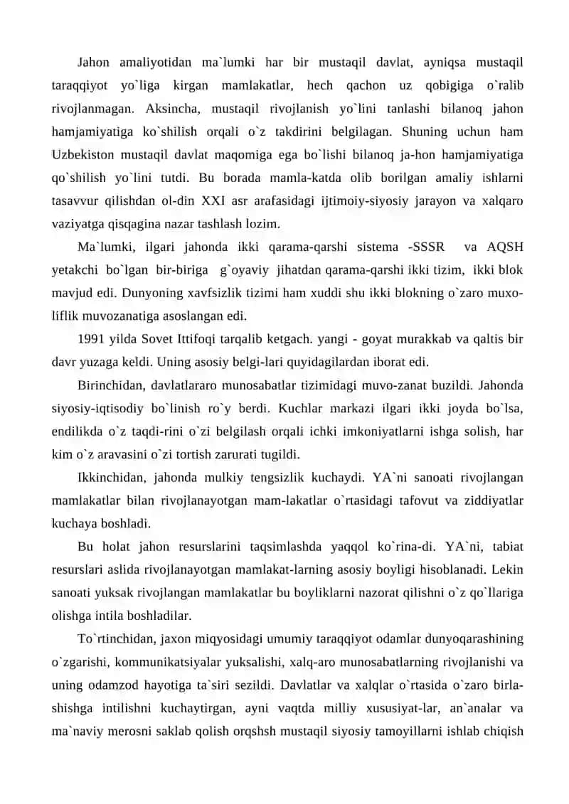 O`zbekiston Respublikasining jahon hamjamiyatiga qo`shilishi 2