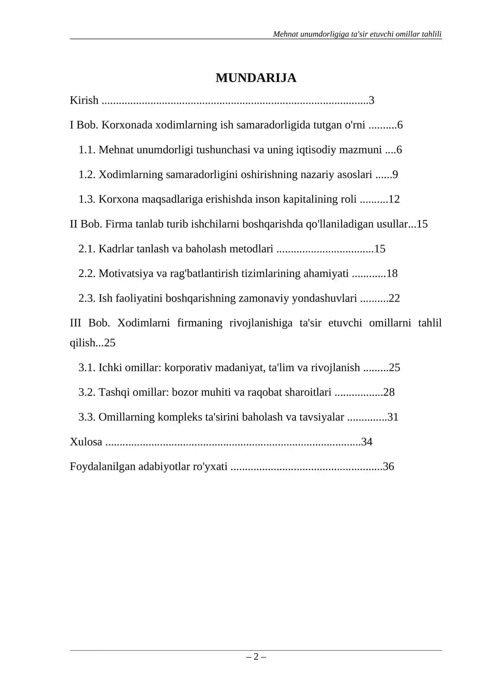 Mehnat unumdorligiga ta'sir etuvchi omillar tahlili 2