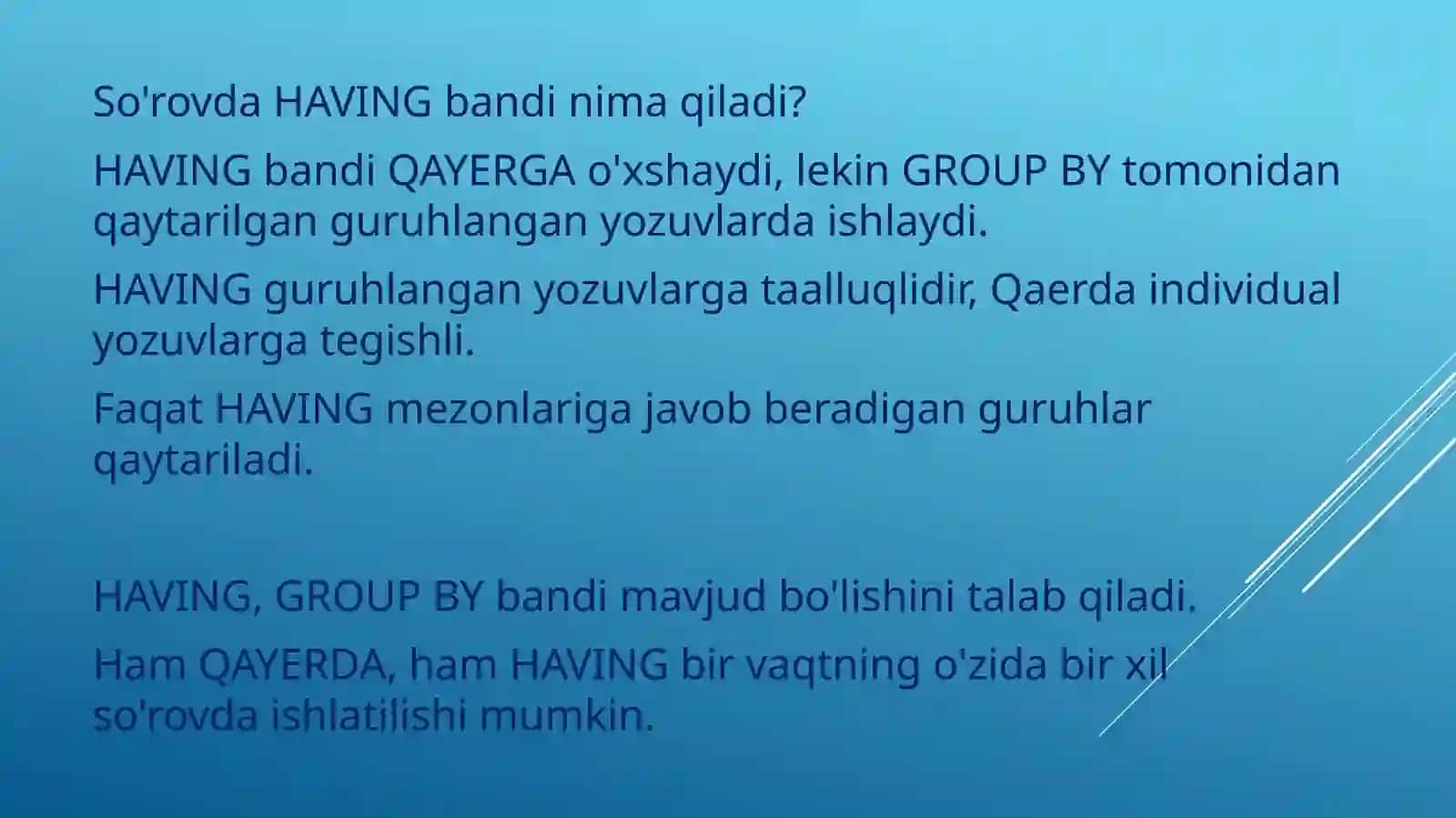 SQL serverda having, distinct bandlari va ularning vazifalari: 2
