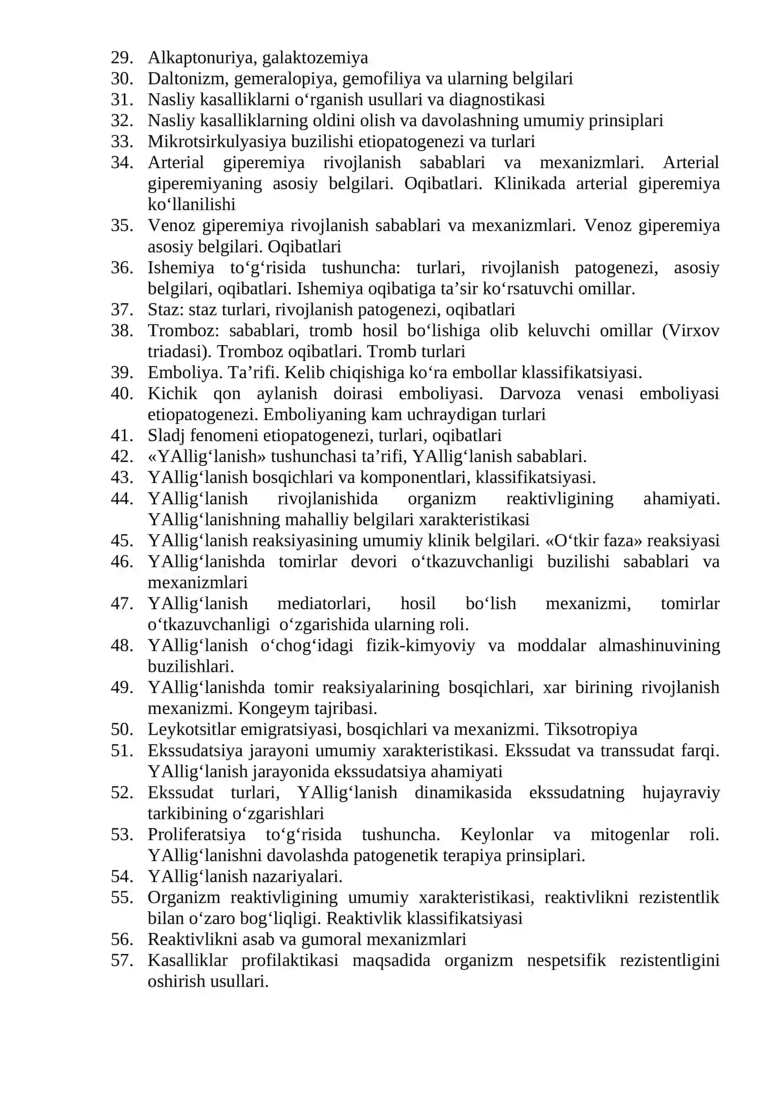 Patologik fiziologiya fanidan yakuniy nazorat savollari 2