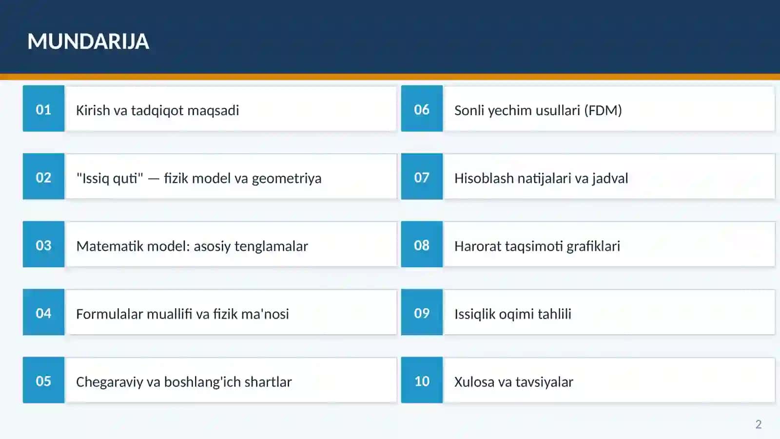 BMI. Issiq quti”dagi jarayonlarni ikki o’lchamli matematik modelini tuzish 2