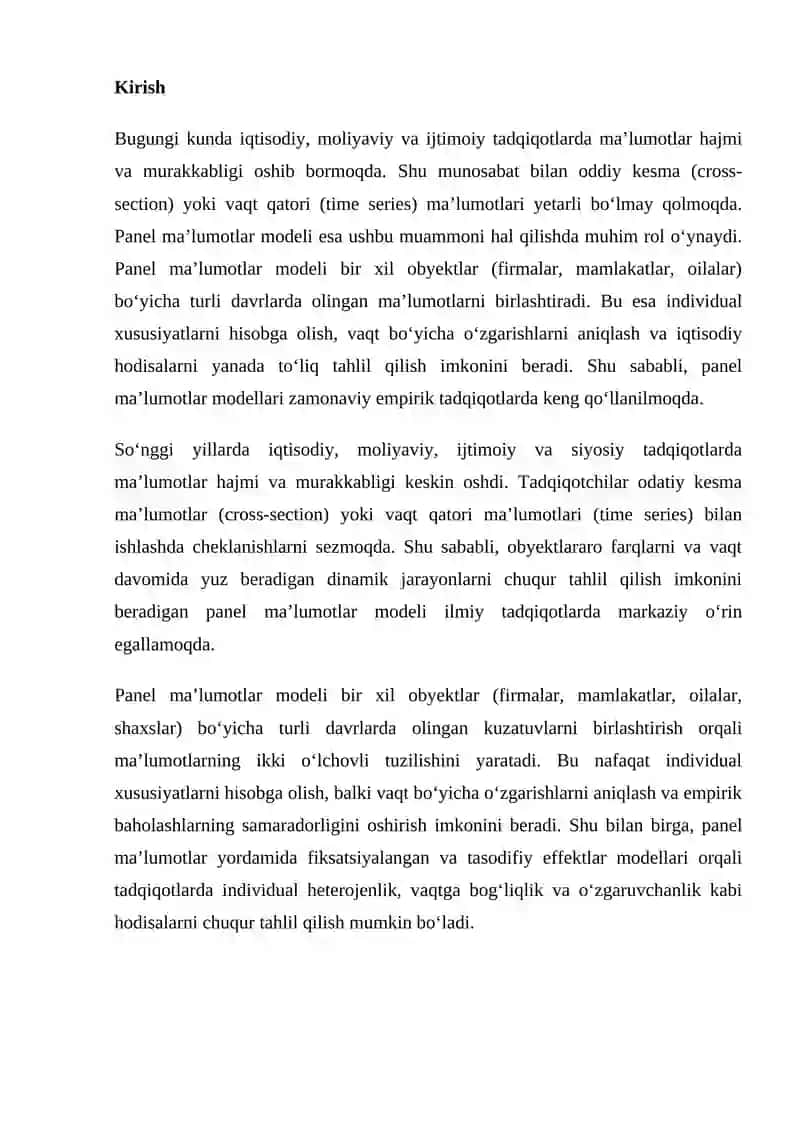 Panel ma’lumotlar modellari va ularning afzalliklari 2