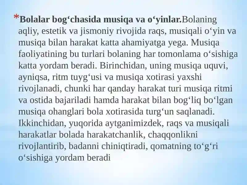 BOLALARNI MUSIQAVIY RITMIK HARAKATLARGA O’RGATISH 2