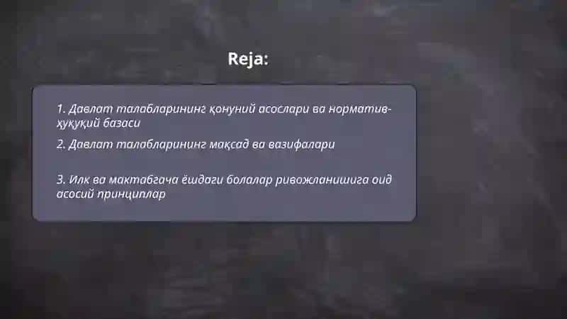Озбекистон Республикасининг илк ва мактабгача ёшдаги болалар ривожлагишига коиладиган давлат талабларнинг мазмуни ва мохияти 2
