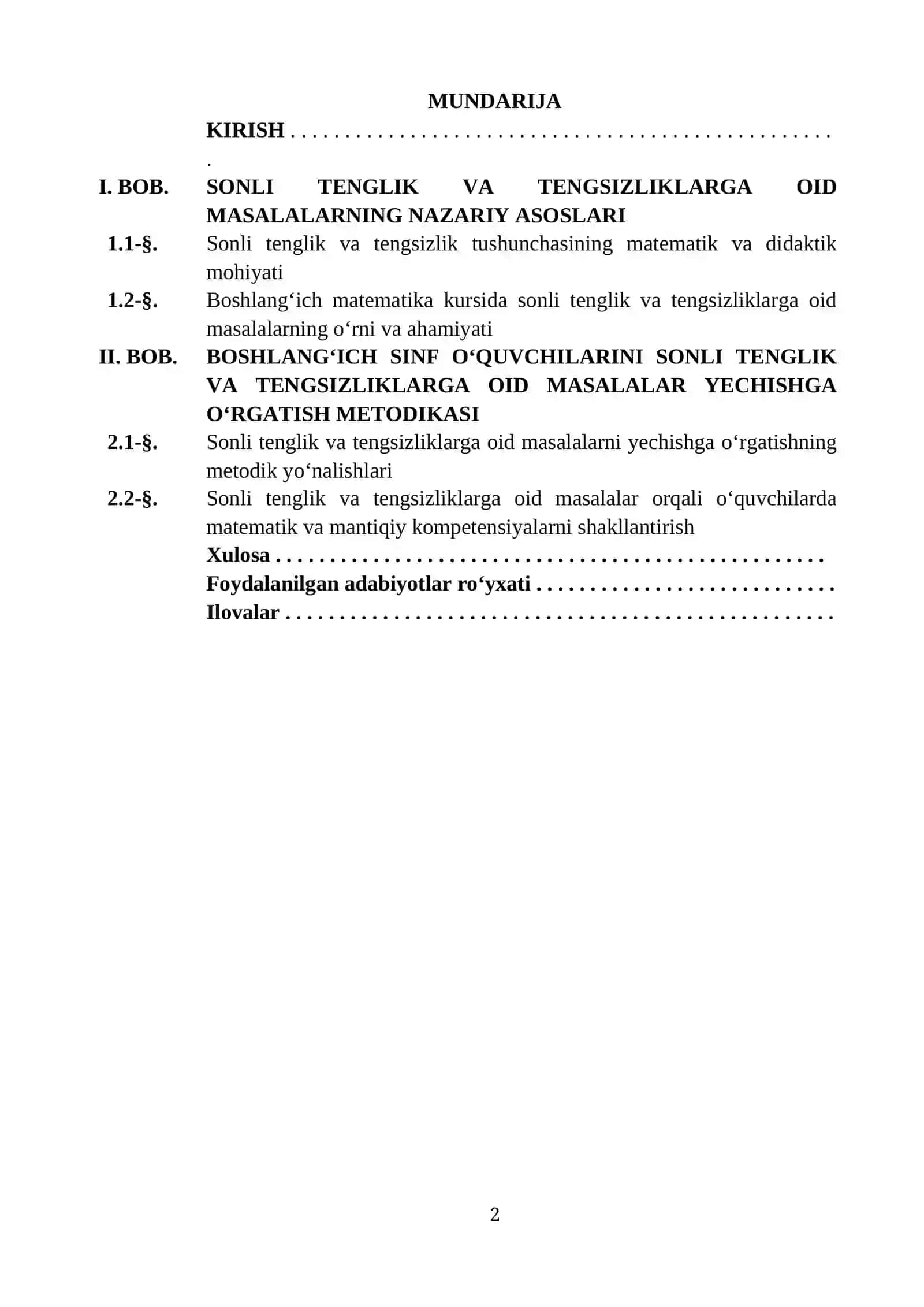 "BOSHLANG‘ICH SINFLARDA SONLI TENGLIK VA TENGSIZLIKLARGA OID MASALALAR YECHISHGA O‘RGATISH METODIKASI" 2