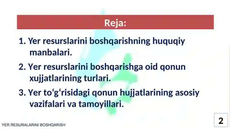 YER RESURSLARINI BOSHQARISHNING TAMOYILLARI VA HUQUQIY ASOSLARI 2