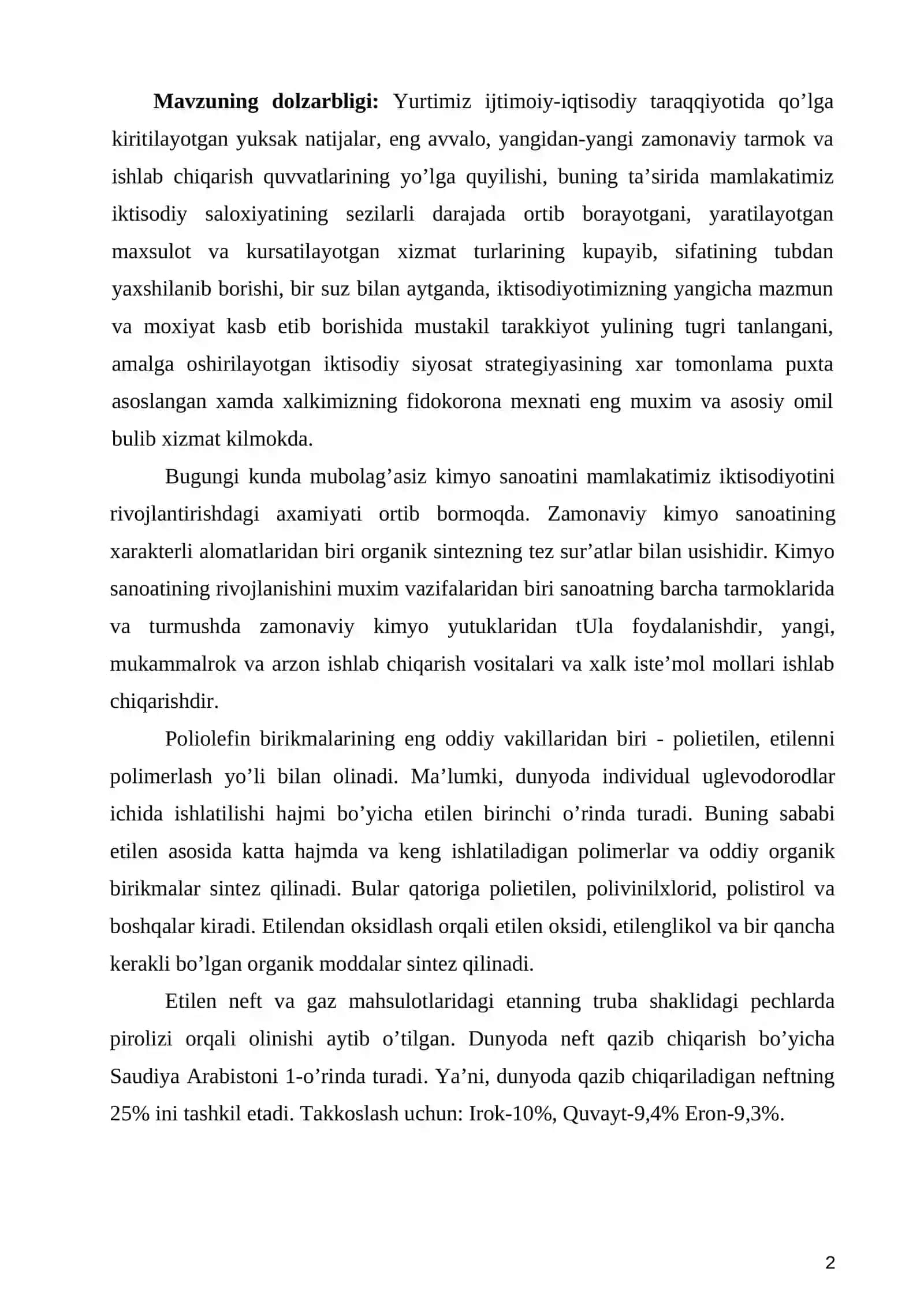 Polietilen granulalarini quritish bo‘limini takomillashtirish. 2