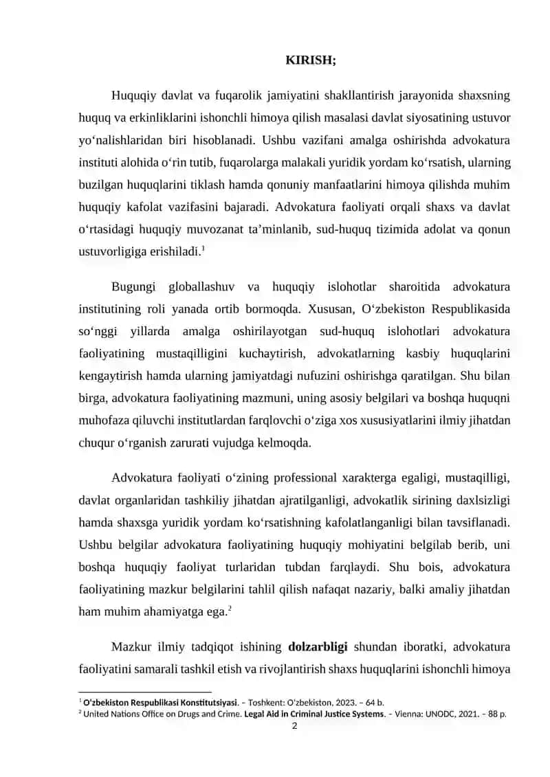 ADVOKATURA FAOLIYATINING BELGILARI VA O’ZIGA XOS XUSUSIYATLARI 2