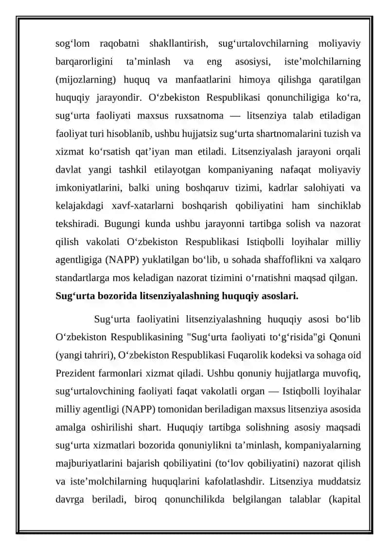 Sugʻurta kompaniyalarini litsenziyalashga qoʻyilgan talablar 2