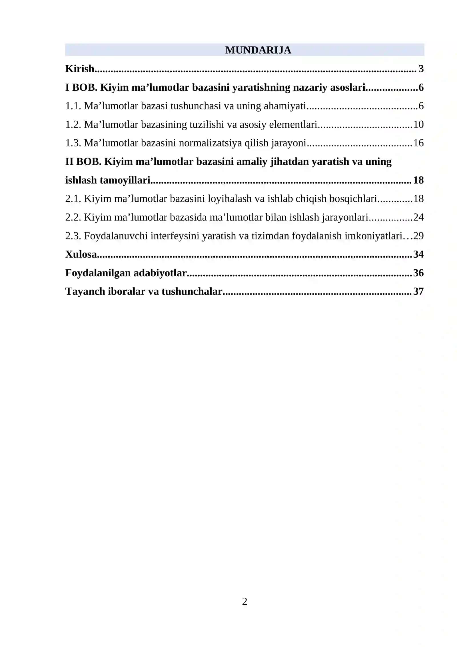 Kiyim ma’lumotlar bazasini yaratishning nazariy asoslari 2