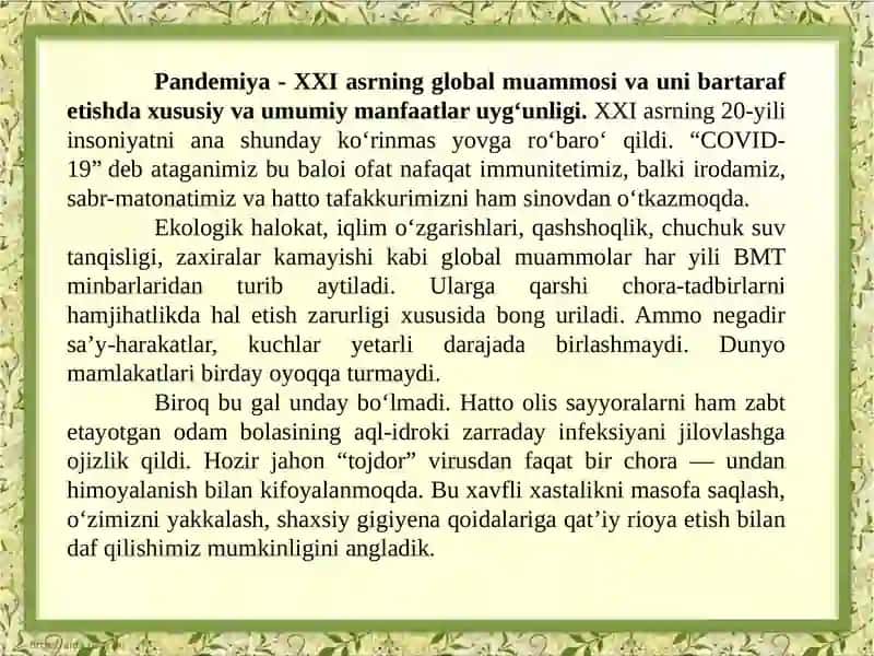 Pandemiya- XXI asrning global muammosi va uning oqibatlari 2