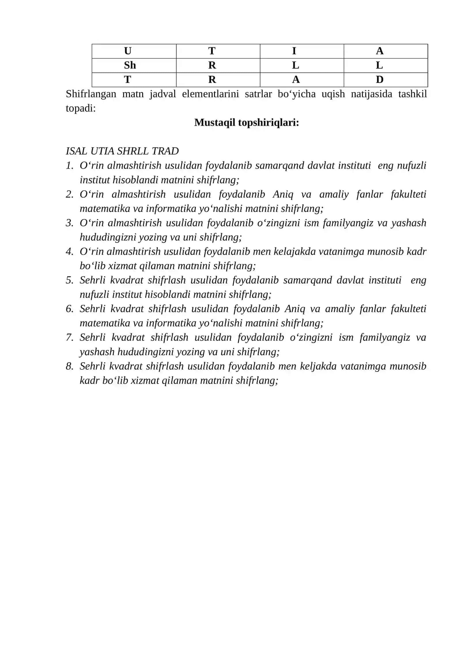 Oʻrinlarni almashtirish usullari orqali matnlarni shifrlash 2