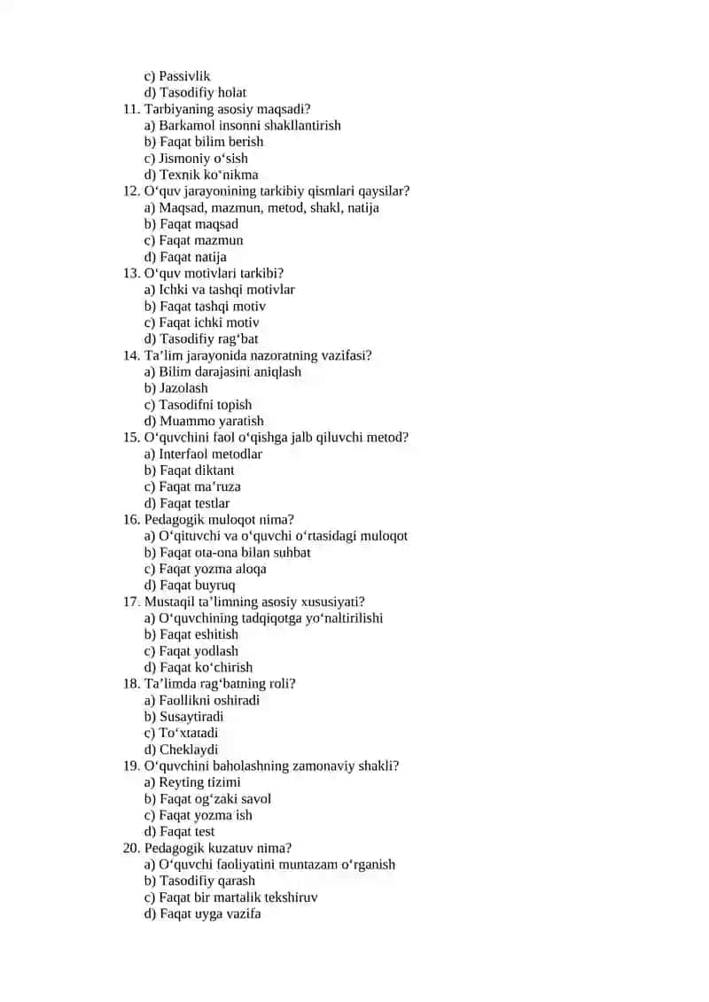 Pedagogik psixologiya — 30 ta test 2