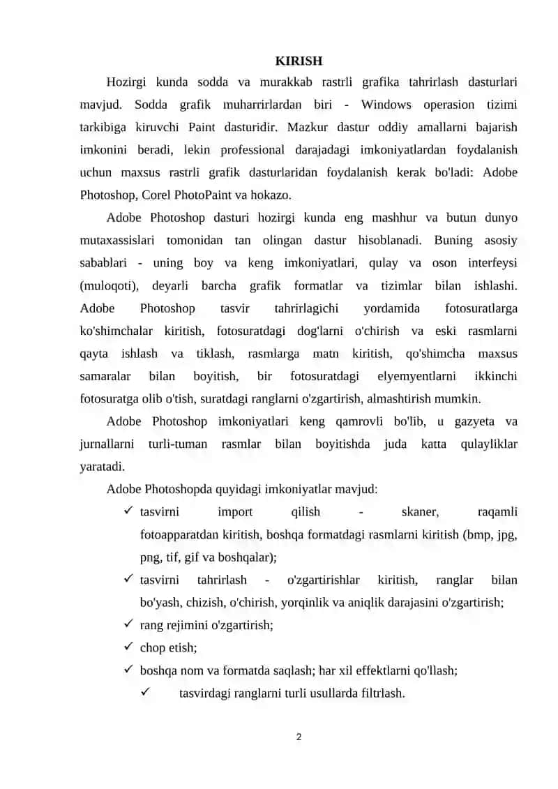 ADOBE PHOTOSHOP RASMNI QAYTA ISHLASH TEXNIKASI. TASVIRLARNI TUZATISH VA QAYTARISH TURLARI 2