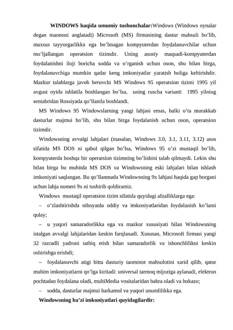 Windows operatsion tizimlari VA UNING IMKONIYATLARI 2