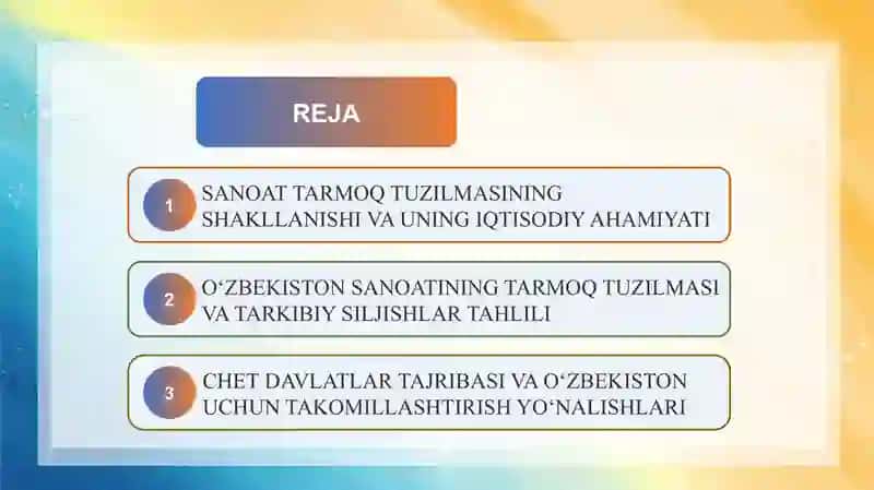 “Sanoat tarmoq tuzilmasi va tarkibiy siljishlar (O‘zbekiston va chet davlat misolida) 2