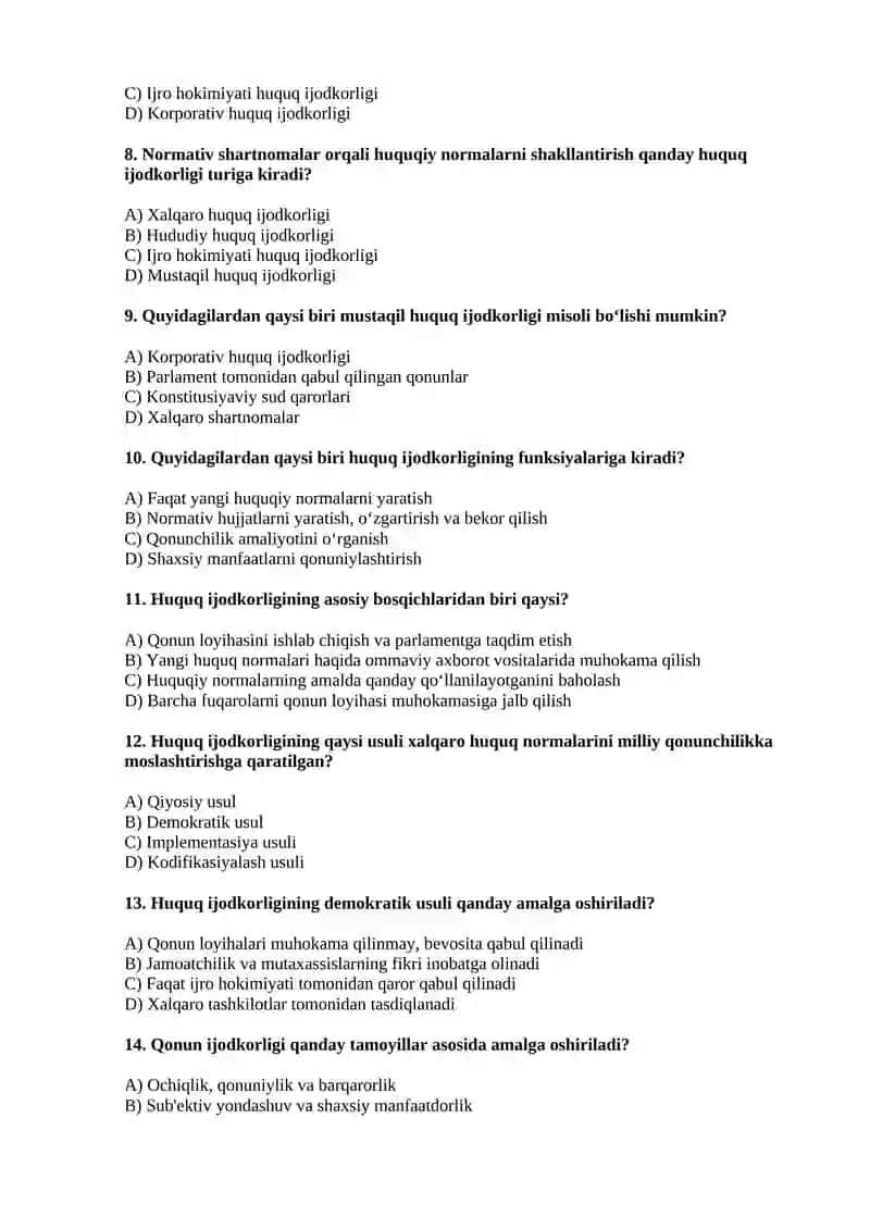 Huquq Ijodkorligi Bo‘yicha Test Savollari 2