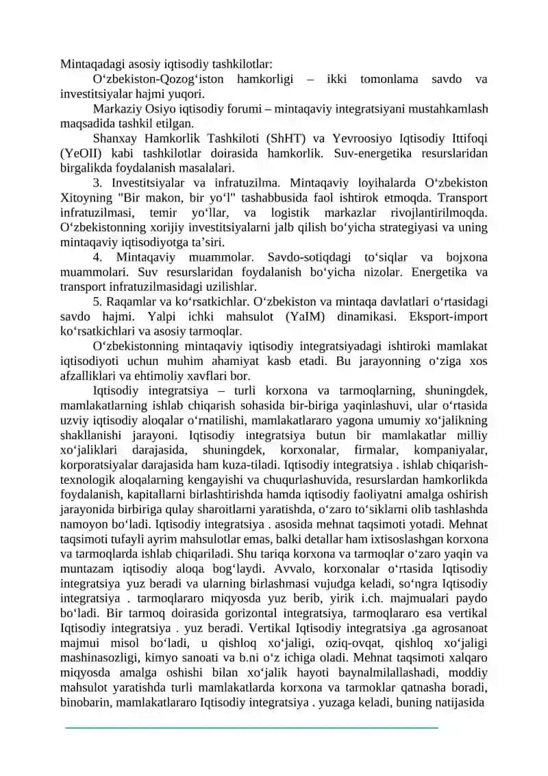O‘zbekiston va mintaqaviy iqtisodiyot mavzusi 2