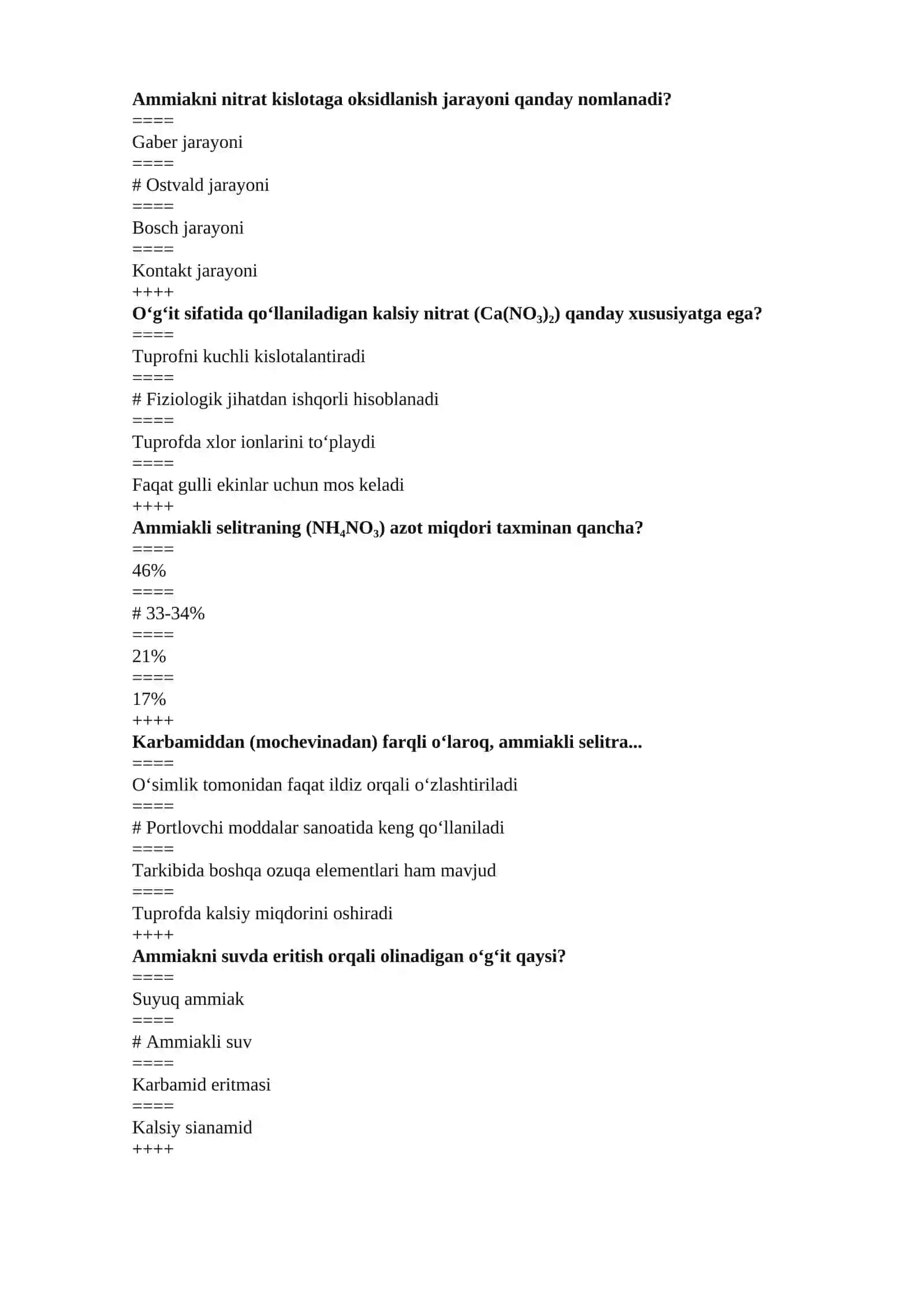 Bog‘langan azot ishlab chiqarish texnologiyasi fani bo‘yicha test savollari 2