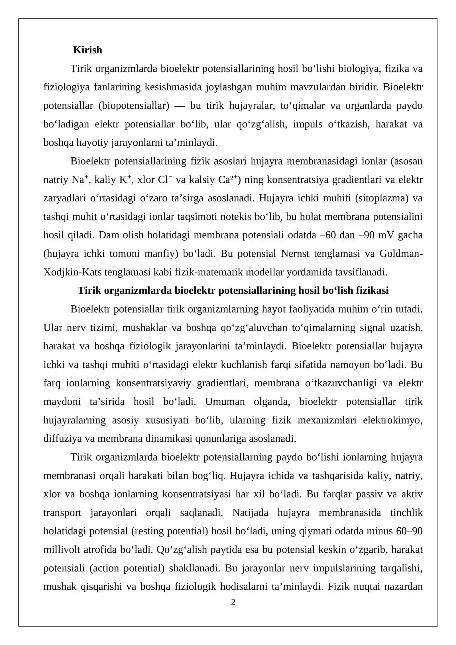 Tirik organizmlarda bioelektr potensiallarining hosil bo‘lish fizikasi 2