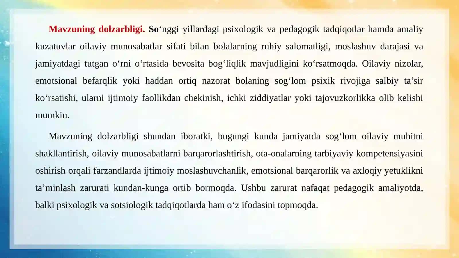 "FARZAND TARBIYASIDA OILAVIY MUNOSABATLAR VA TARBIYANING IJTIMOIY-PSIXOLOGIK XUSUIYATLARI" BITIRUV MАLАKАVIY ISHI 2