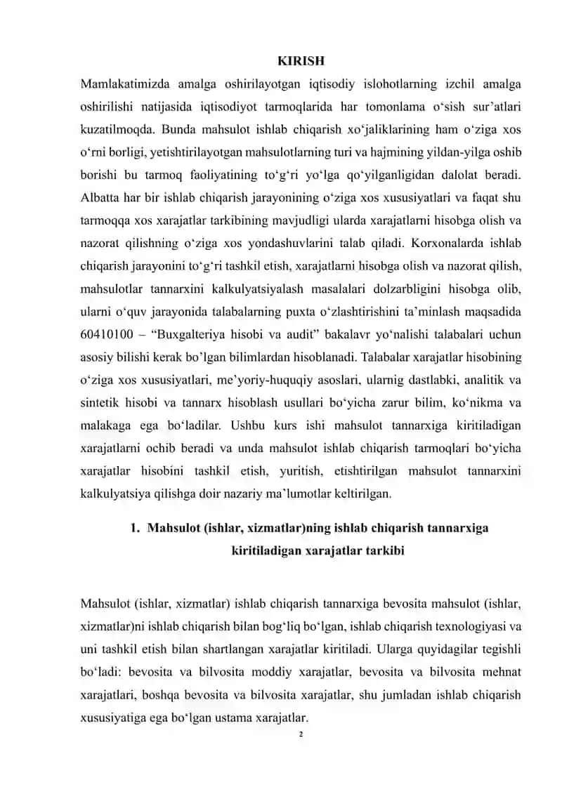 MAHSULOT TANNARXIGA KIRITILADIGAN XARAJATLAR HISOBI mavzusi bo'yicha kurs ishi 2