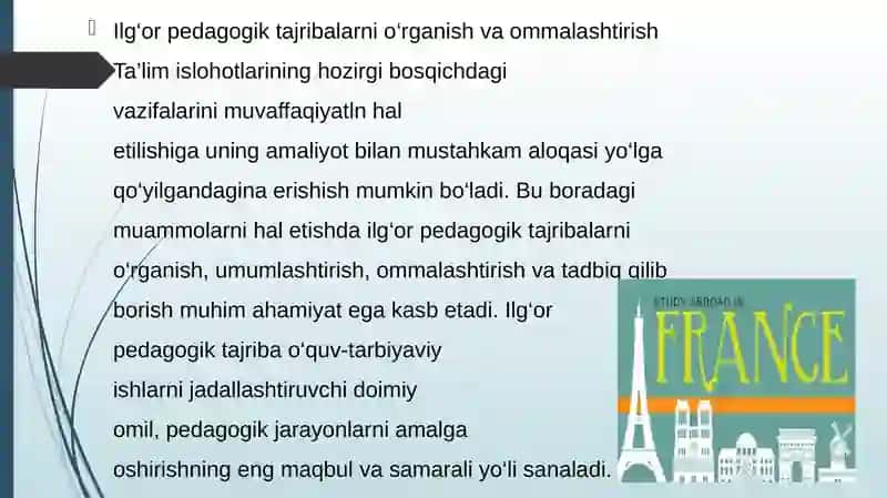 Xorijdagi ilg’or tajribalarni o’rganish va umumlashtirish. 2