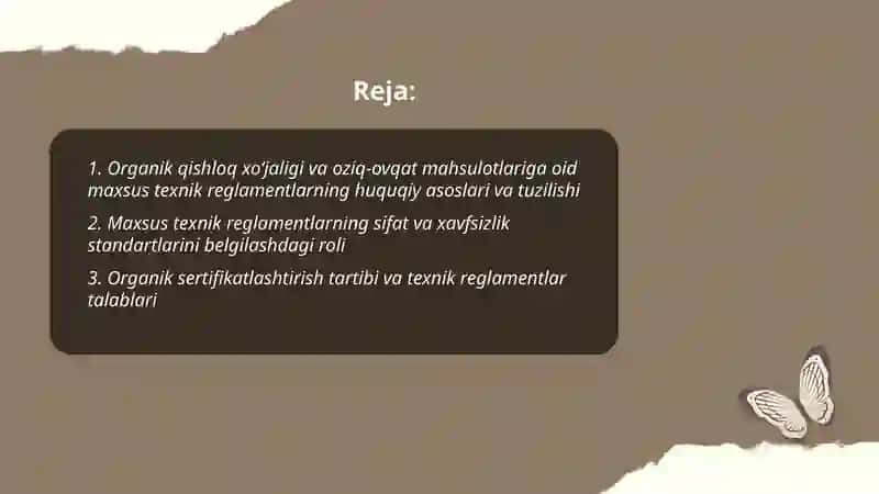 Organik qishloq xoʻjaligi va oziq ovqat mahsulotlarini sifatli va xavfsizligini taʼminlashda maxsus texnik reglamentlarni oʻrni va ahamiyatini oʻrganish 2