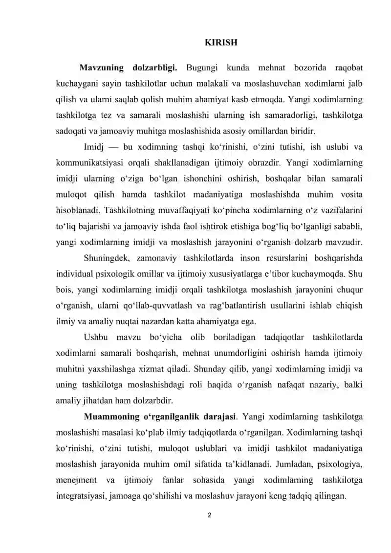 angi xodimning imidji uning tashkilotga moslashish omili sifatida 2