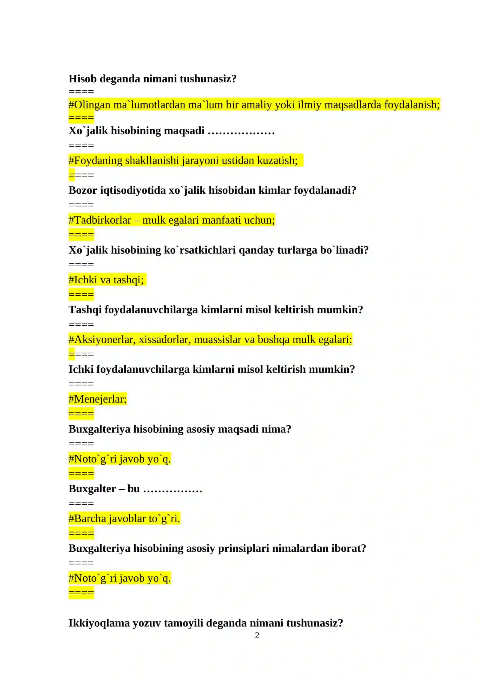 BUXGALTERIYA HISOBINING FUNDAMENTAL ASOSLARI FANIDAN TEST SAVOLLARI 2