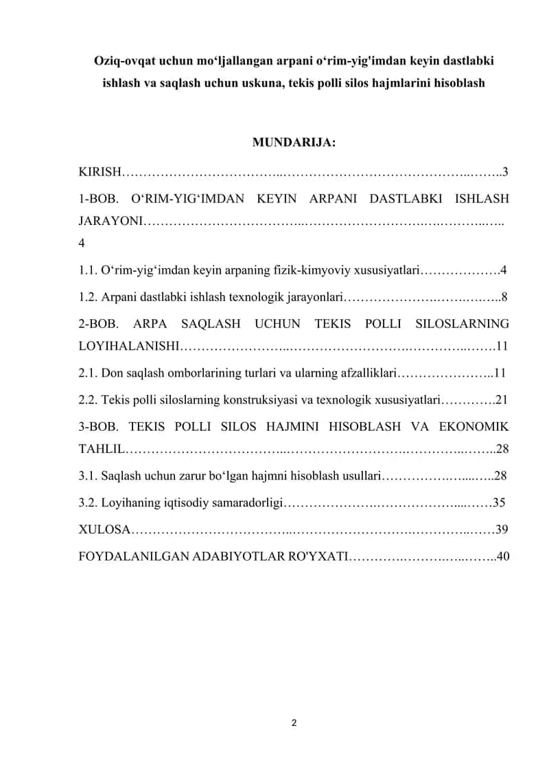 Oziq-ovqat uchun moʻljallangan arpani oʻrim-yig'imdan keyin dastlabki ishlash va saqlash uchun uskuna, tekis polli silos hajmlarini hisoblash 2