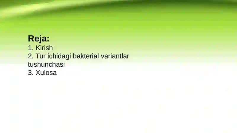 Bakteriyalarni klassifikatsiyasiga 
kiritilmagan lekin amaliyotda qo‘llaniladigan tur ichidagi vari 2