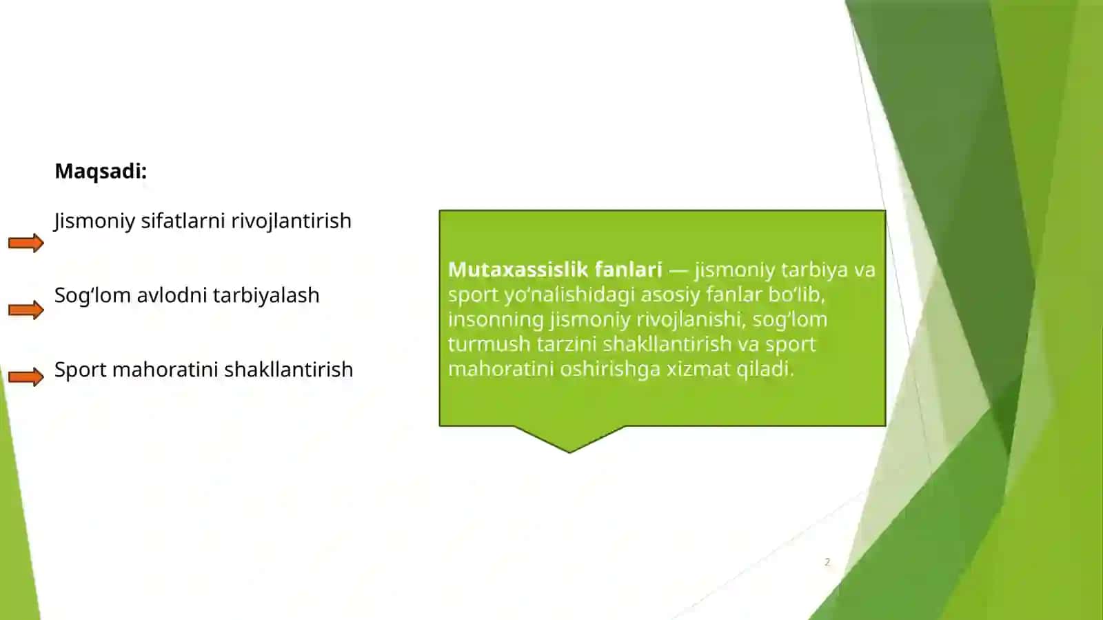 Mutaxassislik fanlari bo‘yicha (gimnastika, yengil atletika, sport va harakatli o‘yinlar, suzish, kurash turlari va boshqalar) 2