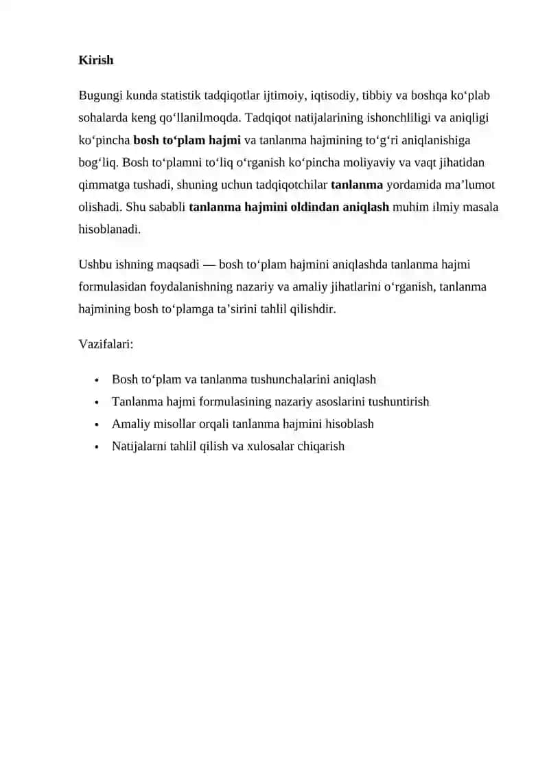 BOSH TO‘PLAM HAJMINI OLDINDAN ANIQLASH UCHUN TANLANMA HAJMI FORMULASIDAN FOYDALANISH 2