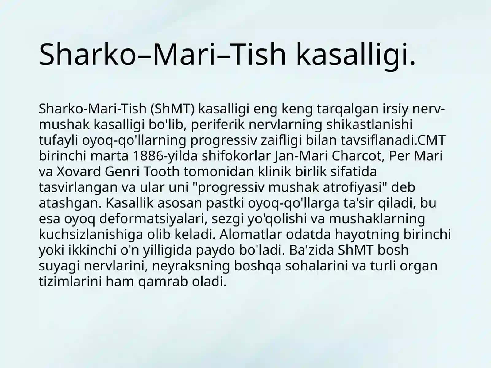 Asab tizimining nasliy kasalliklari. Tibbiy genetikada qo'llaniladigan yangi zamonaviy tekshirish usullari. 2