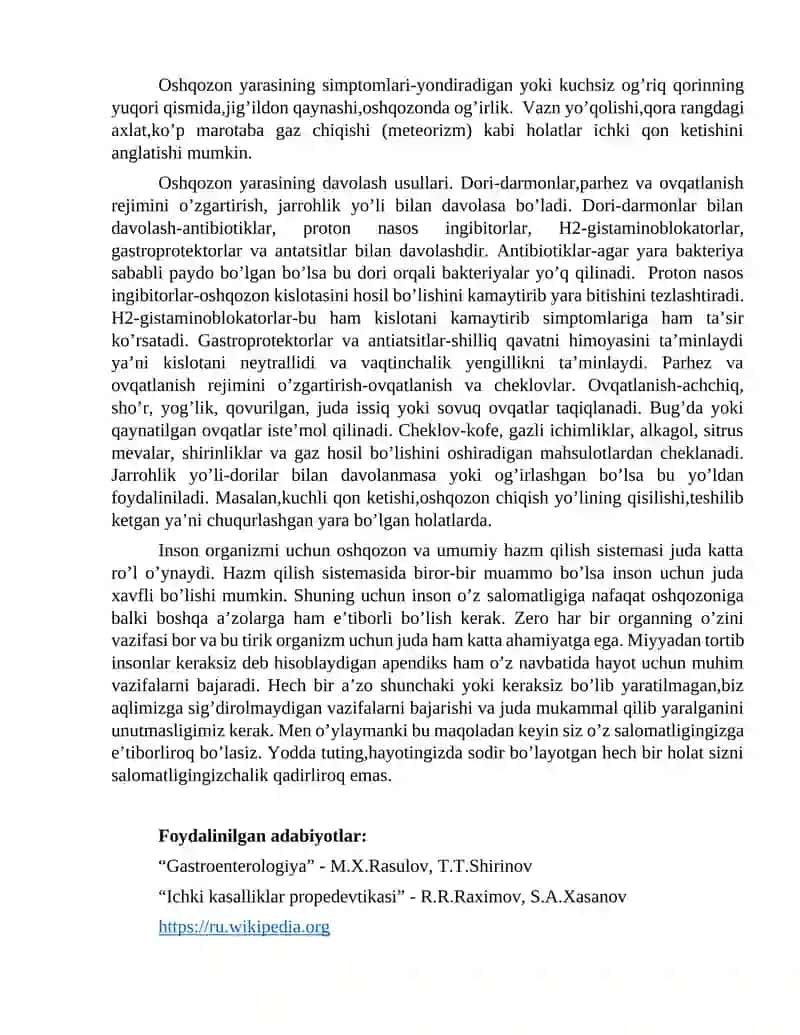 OSHQOZON YARASI, KELIB CHIQISH SABABLARI VA DAVOLASH USULLARI 2