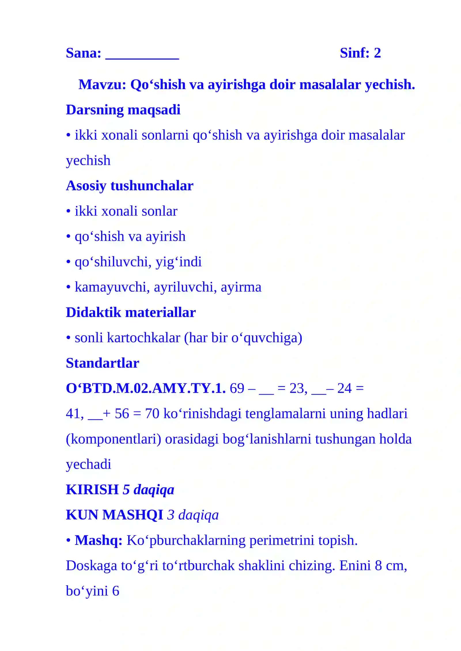 2-sinf Matematika fanidan Qo'shish va ayirishga doir masalalar dars ishlanma 2