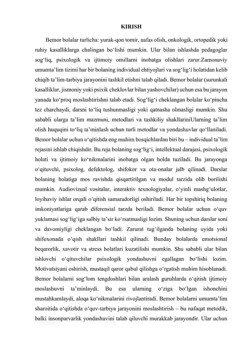 BEMOR BOLALARNI UMUM TALIM SHARPITIDA OQITISHDA OʻQUV TARBIYA JARAYONINI MOSLASHTIRISH METODLARI 2