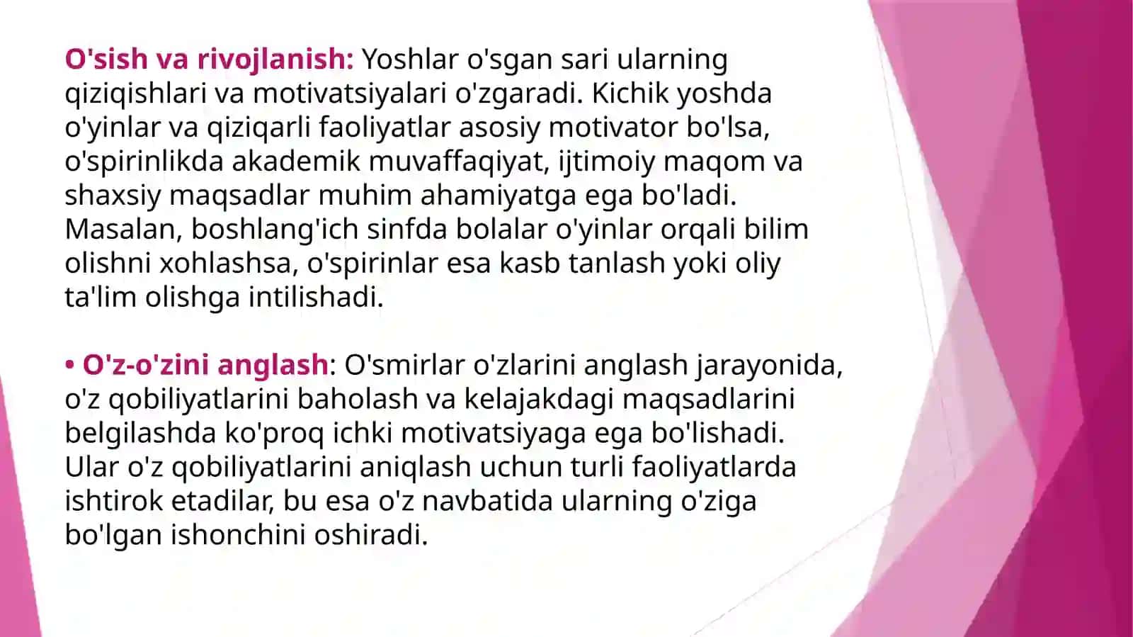 Yosh davrida motivatsion sohadagi oʻzgarishlar, uning sabablari va alomatlari, maktabga psixologik tayyorgarlik muammosi 2