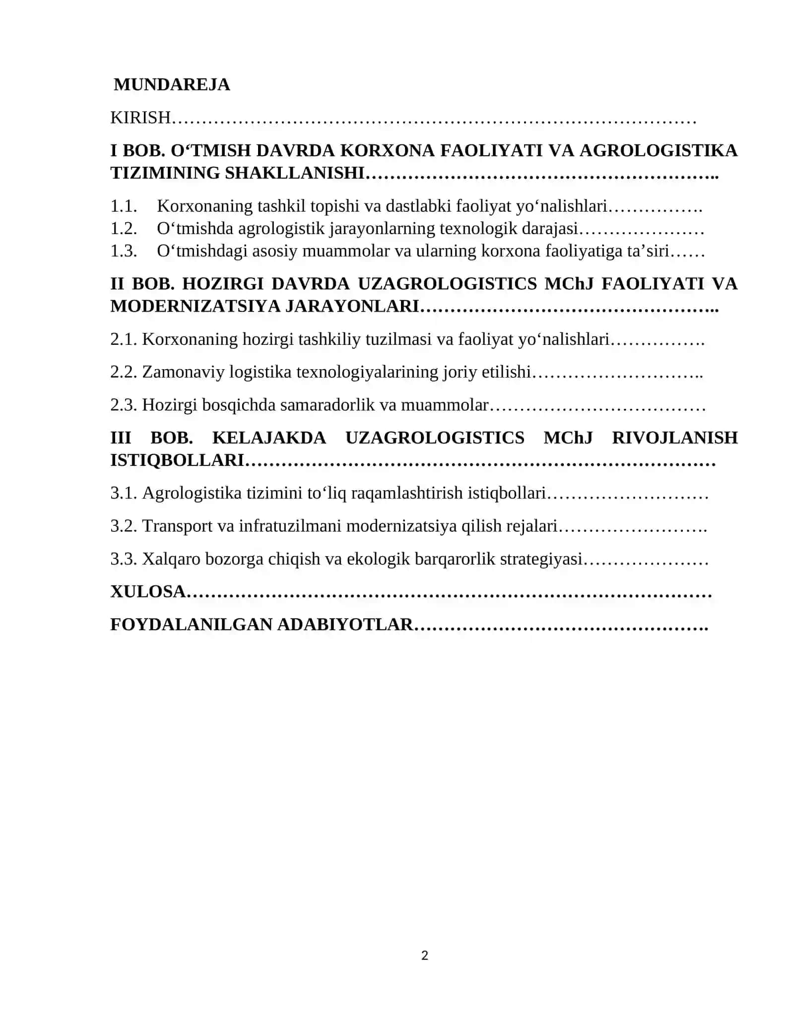 UZAGROLOGISTICS MChJ FAOLIYATI VA MODERNIZATSIYA JARAYONLARI 2