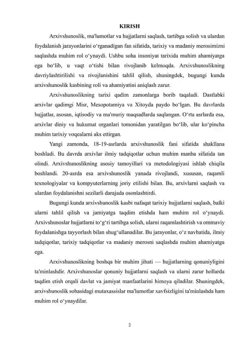 ARXIVSHUNOSLIKNING DAVRIYLASHTIRILISHI VA RIVOJLANISHI. BUGUNGI KUNDA ARXIVSHUNOSLIK KASBINING ROLI VA AHAMIYATI 2