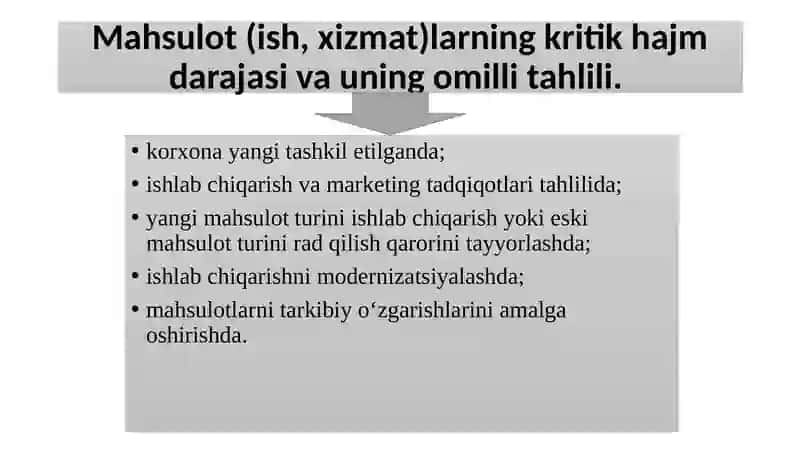 Mahsulot (ish, xizmat)larning kritik hajm darajasi va uning omilli tahlili. 2