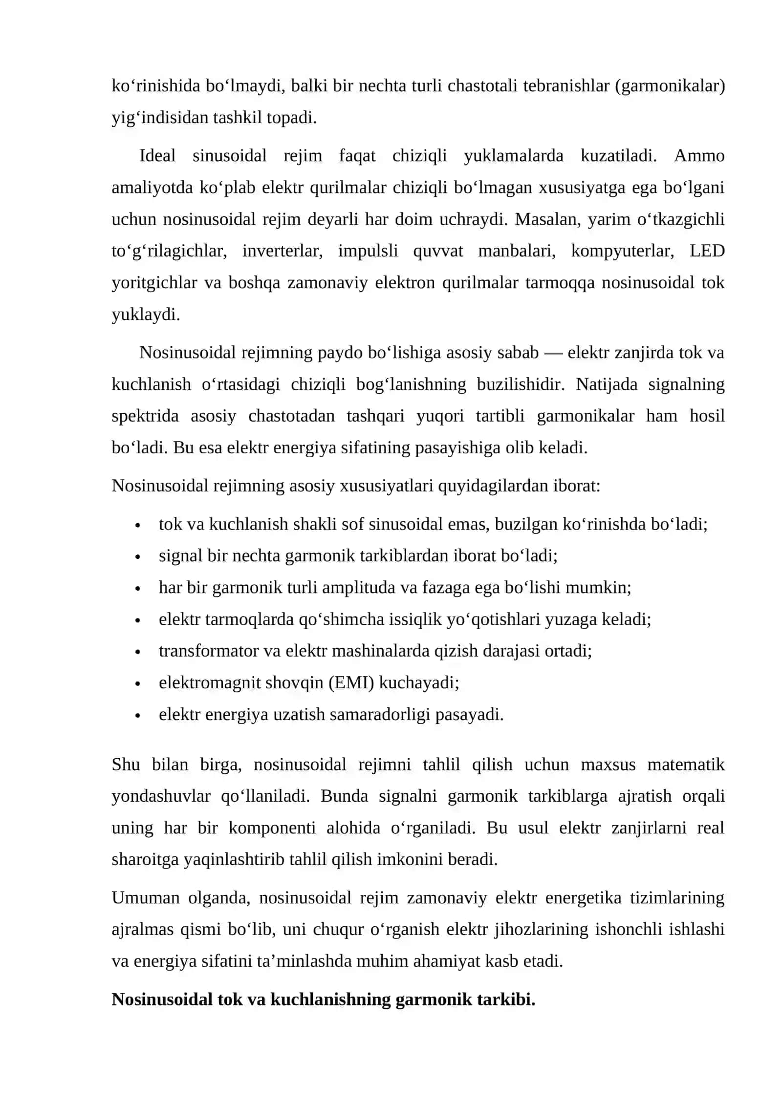 Nosinusoidal rejimda tok va kuchlanishlarni hisoblash 2