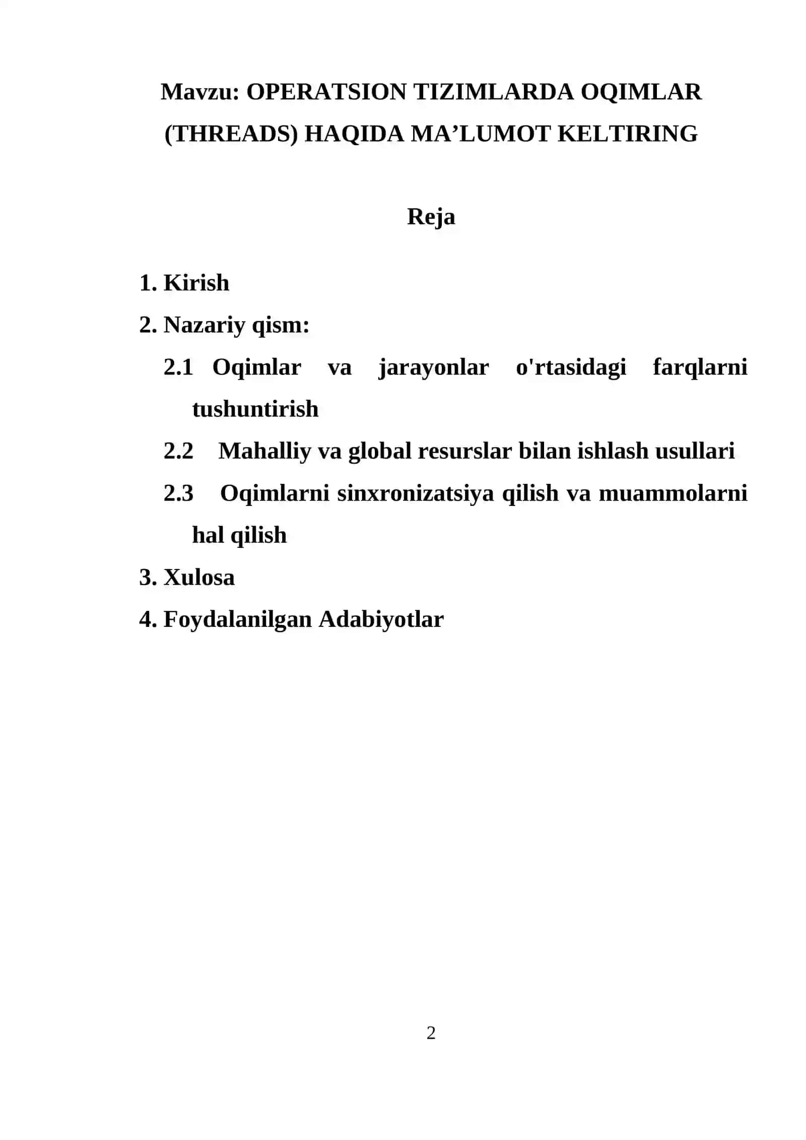 OPERATSION TIZIMLARDA OQIMLAR (THREADS) HAQIDA MA’LUMOT KELTIRING 2