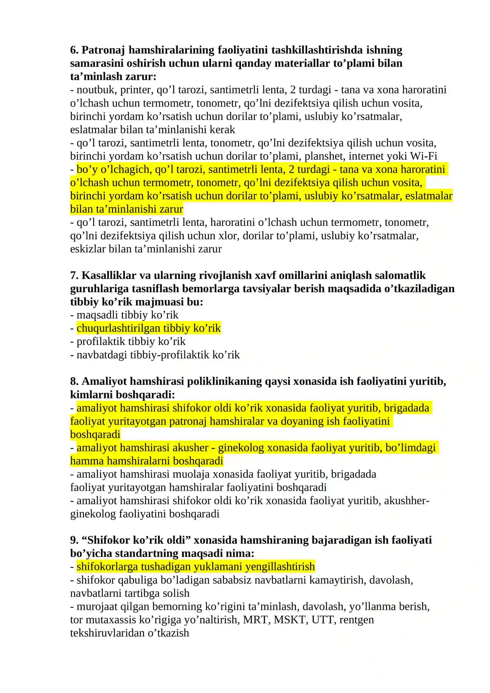 Hamshiralik ishi (patronaj hamshiralari) mutaxassisligi bo’yicha shakllantirilgan test savollari ro’yxati 2