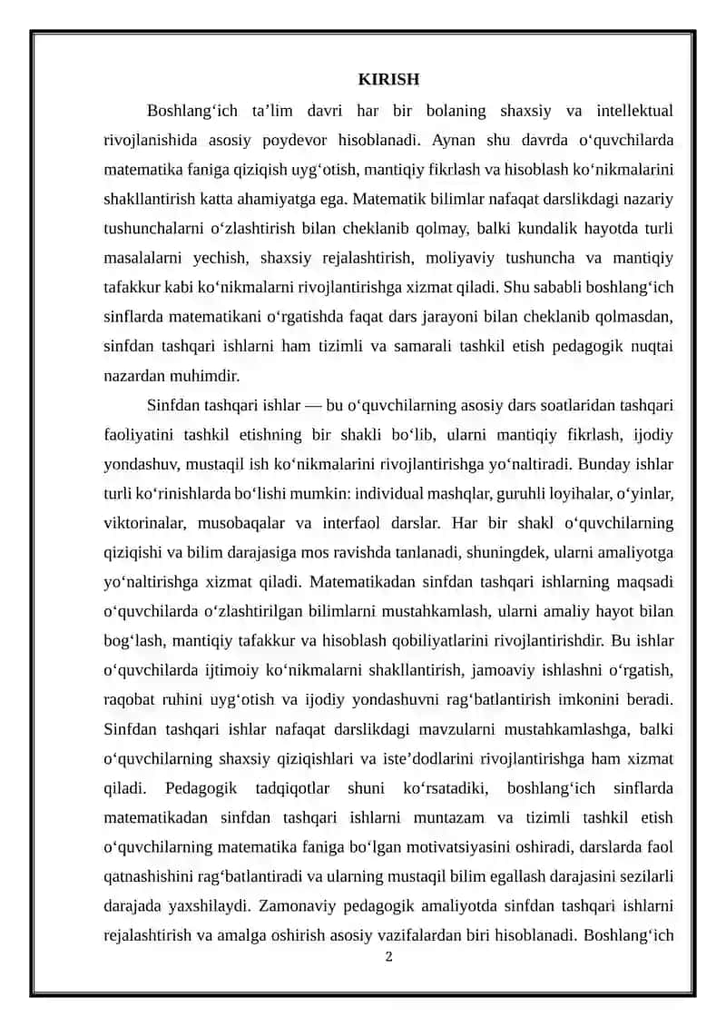 Boshlang‘ich sinflarda matematikadan sinfdan tashqari ishlarni tashkil etishning maqsad va vazifalari 2